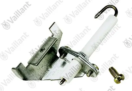 Vaillant Elektrode mit metallischer Halterung und Schraube, ausgestattet mit einem weißen Isolator und einem gebogenen Haken.